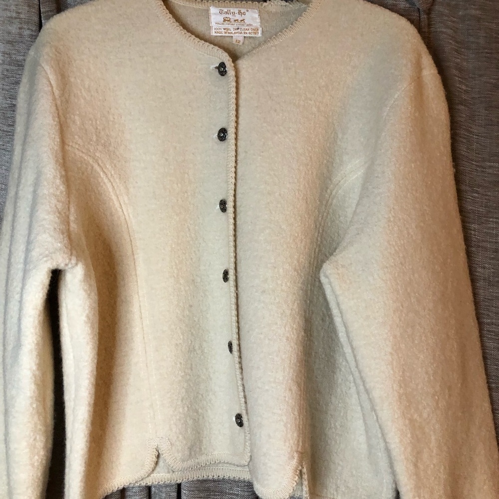 Vintage Tally Ho Cream Wool Floral Engraved Button Front Jacket Size 12 - Picture 15 of 15